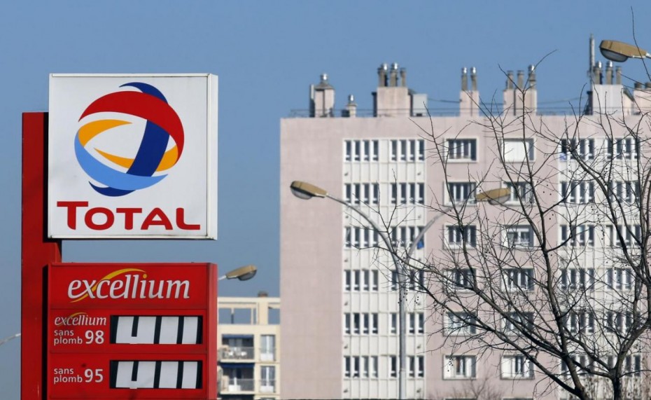 A logo is pictured at French oil and gas company Total gas station in Marseille
