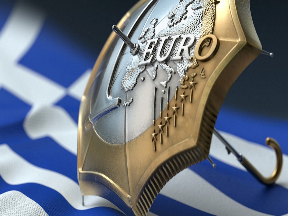 Euro coin designed umbrella on a flag of Greece