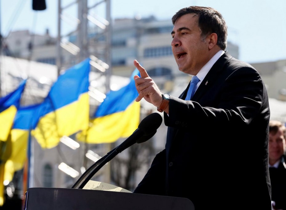 FILE PHOTO: Former Georgian president Saakashvili addresses members of a Batkivshchyna party during a meeting in central Kiev