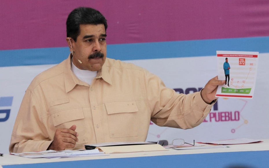Venezuela's President Nicolas Maduro speaks during his weekly radio and TV broadcast 