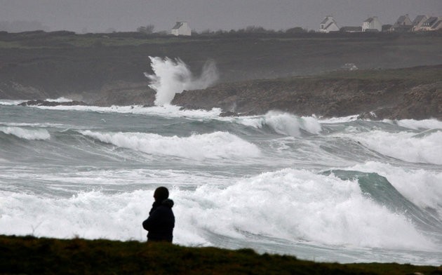 Waves break on the Brittany coast as storm Eleanor approaches Esquibien