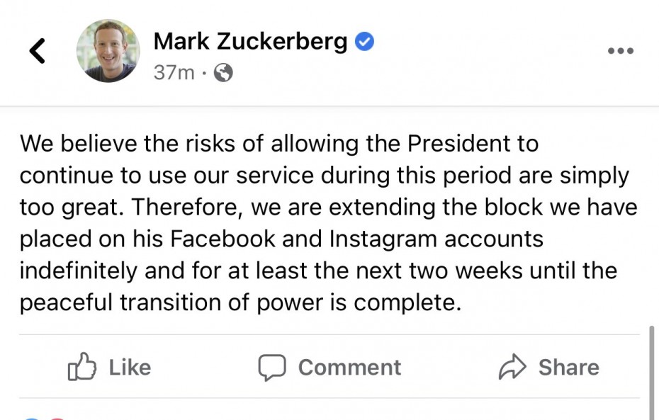 Αποκλεισμός του Τραμπ από Facebook και Instagram - Το μήνυμα Ζούκεμπεργκ